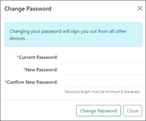 Image of the Change Password popup that displays when attempting to update your password using the Striven Sign-in method