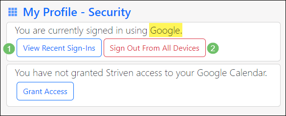 Image of the My Profile - Security page using the Google SSO option