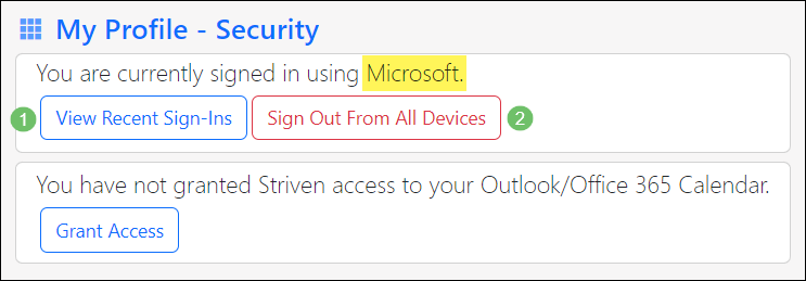 Image of the My Profile - Security page using the Microsoft SSO option