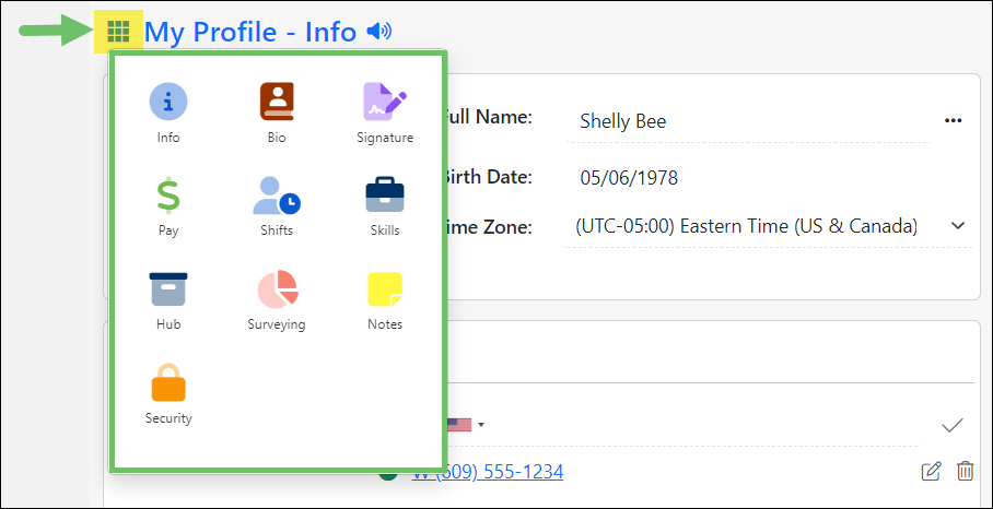 Image of the My Profile waffle menu options