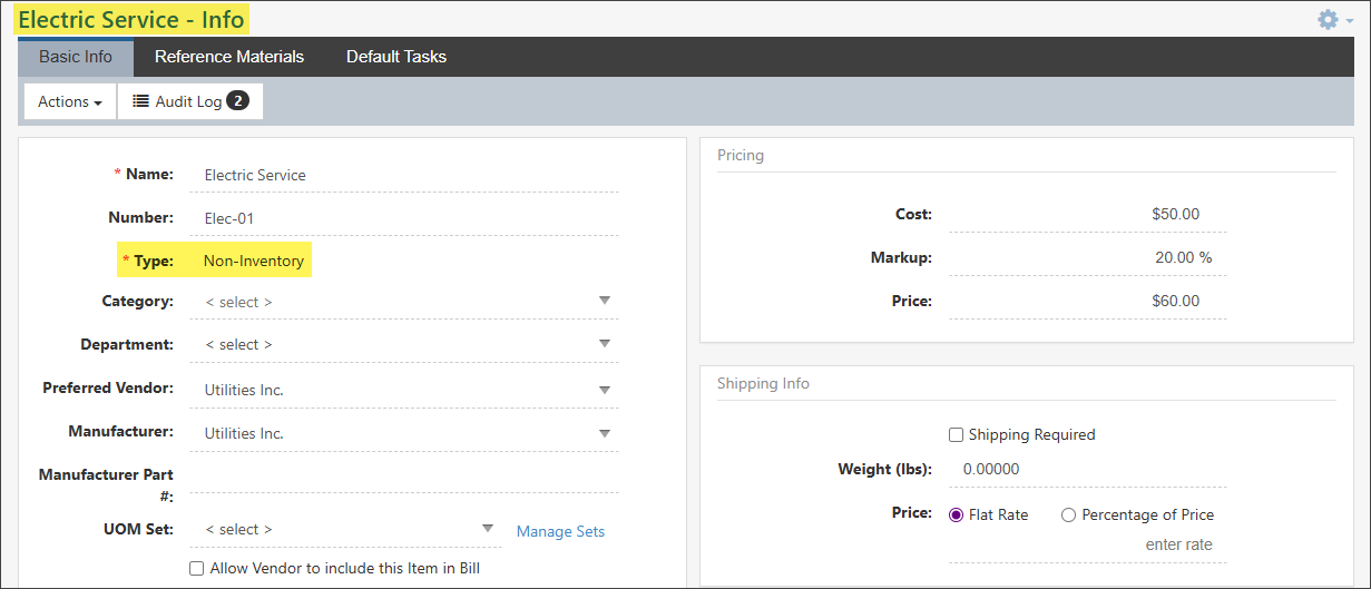 Example of a Non-inventory type item in Striven