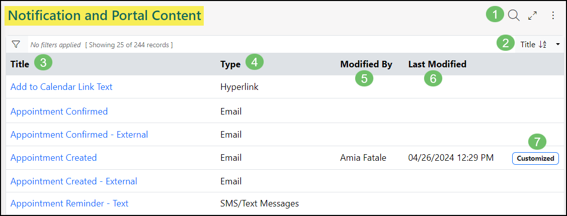 Example of the Notification and Portal Content list within Striven