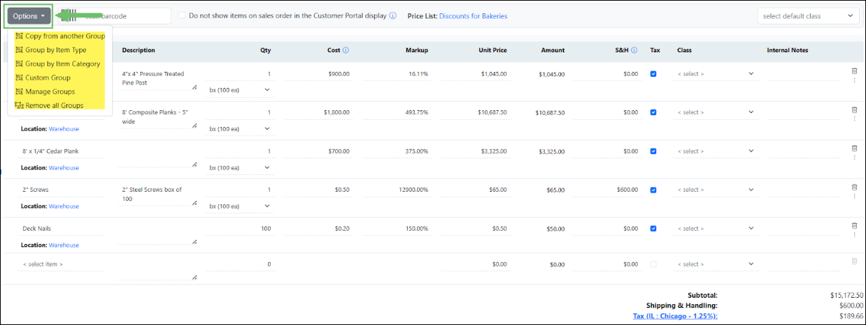 Image of creating an item group on a sales order
