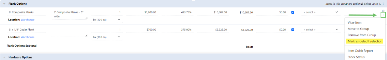 image of the kebab menu for an item within an item group on a sales order