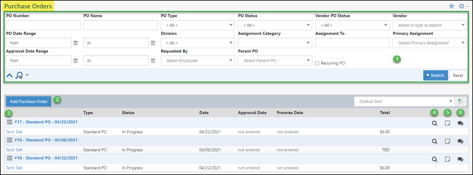 Purchase Order List with Search filters, add PO button, hamburger menu, view log, note log and discussions button
