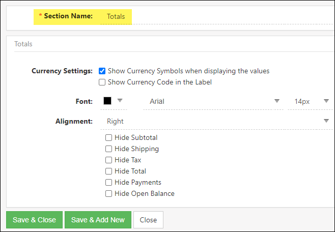 Purchase Orders Printable Format - Totals Section Settings