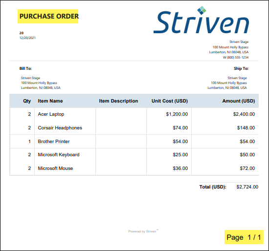 Purchase Order Printable format showing page number