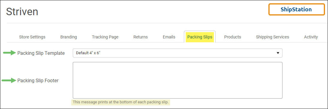 Packing Slips Settings Tab in ShipStation