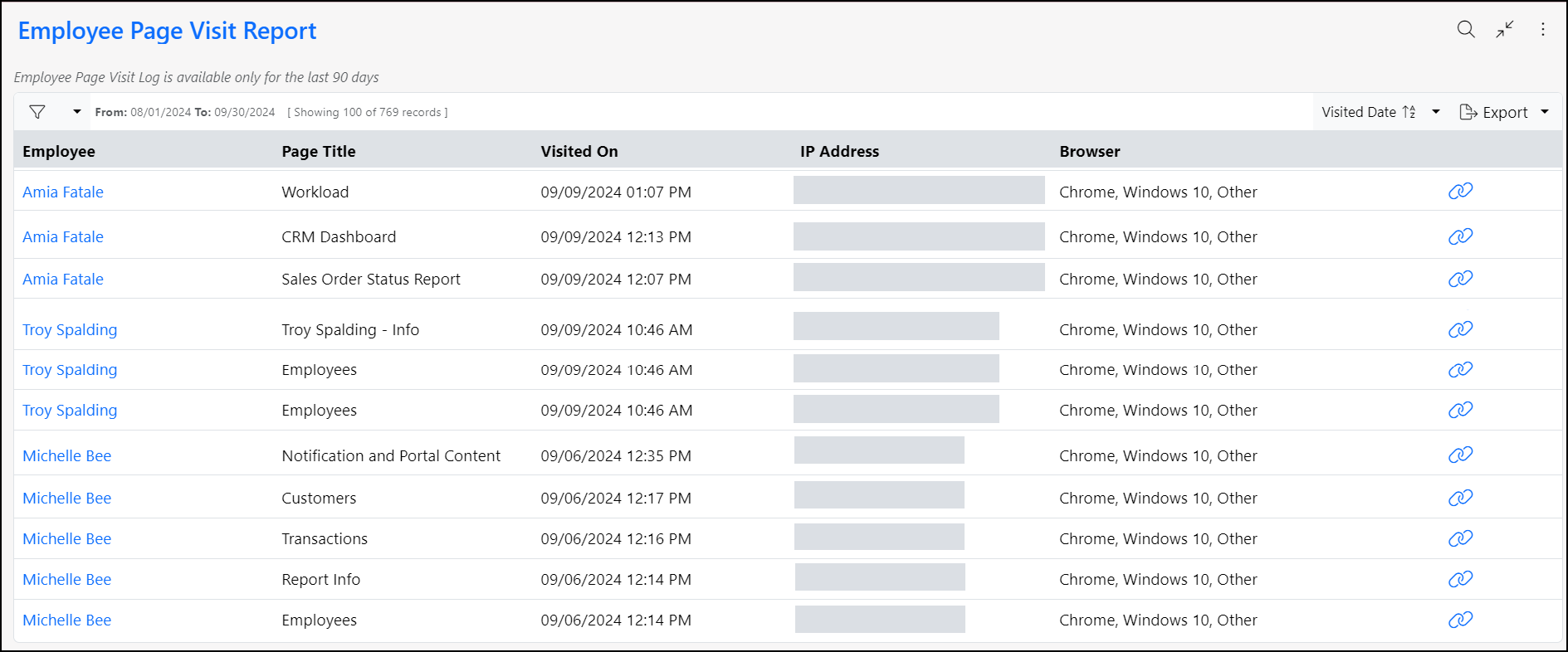 Image of the Employee Page Visit report within Striven