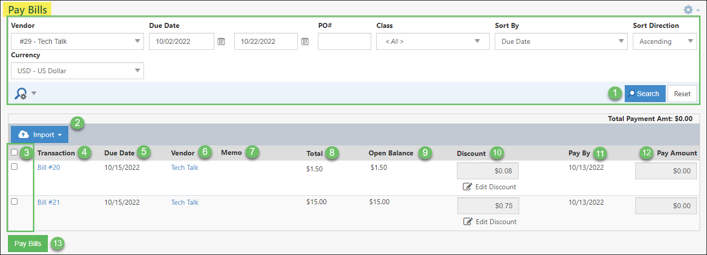 Pay Bills List with options to search, import, select, view transaction, view vendor, apply credit or make payment