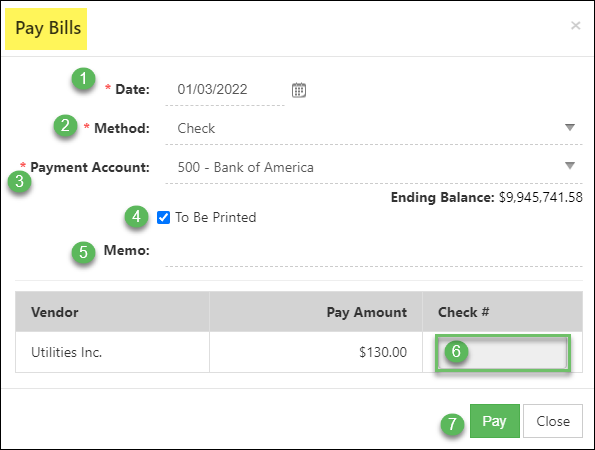 Pay Bills Popup with options to enter date, payment method, account, memo, check #, and if you want to print it