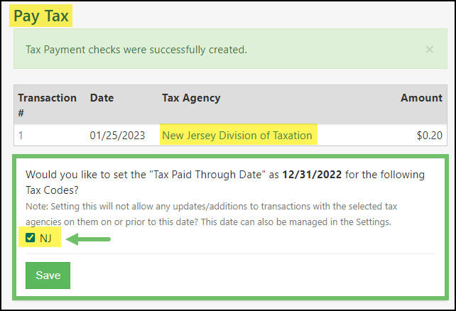 Pay Tax Info page showing the option to set the Tax Paid Through Date