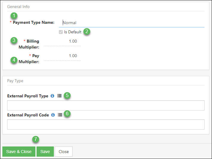 Pay Type Settings including payment type name, billing multiplier, pay multiplier, external payroll type and external payroll code