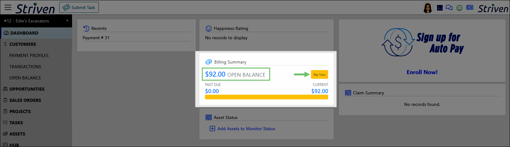 View of a Striven Customer Portal highlighting an open balance of $92.00 and a Pay Now button