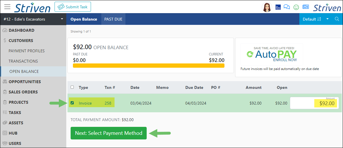 View of paying an Invoice in the Striven Customer Portal showing the Invoice, amount, and the Select Payment Method button to continue