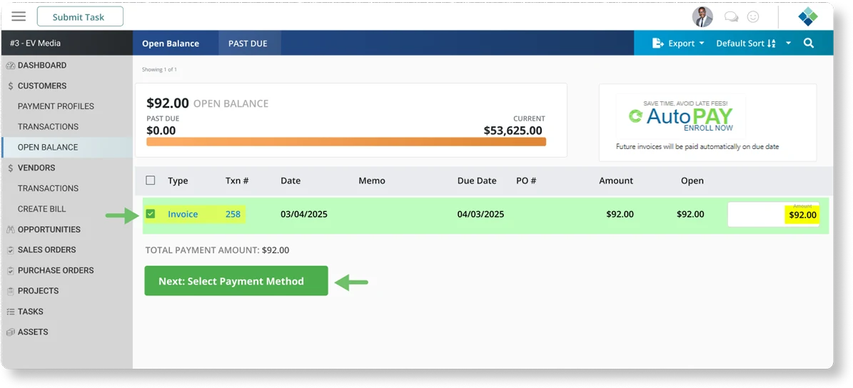 View of paying an Invoice in the Striven Customer Portal showing the Invoice, amount, and the Select Payment Method button to continue