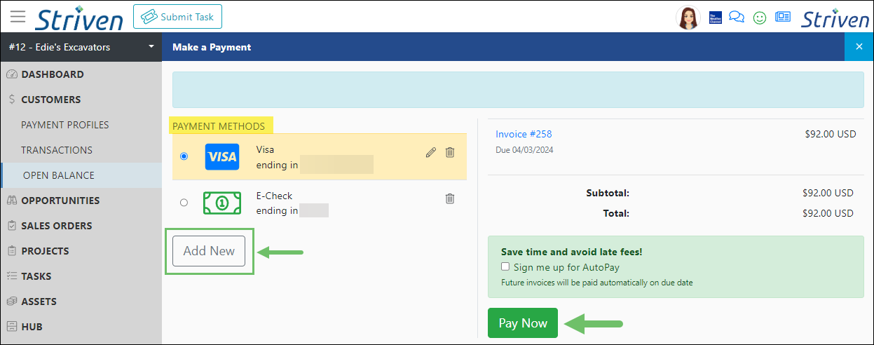 View of the Make a Payment page in the Striven Customer Portal showing available payment methods and invoice details as well as the option to sign up for autopay