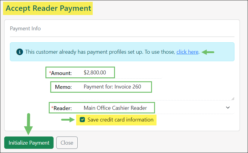 View of the Accept Reader Payment page in Striven showing the payment amount, memo field, the selected Reader and the Initialize Payment button