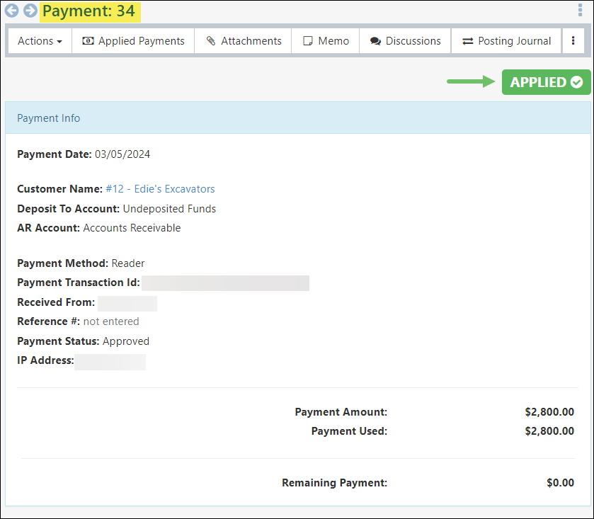 View of the payment confirmation in Striven that the Stripe Reader payment was applied successfully to the Invoice
