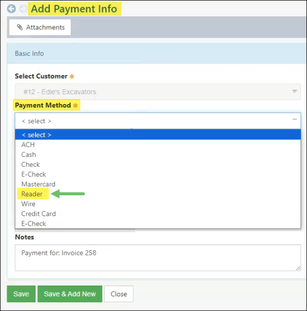 view of the drop-down list on the Receive Payment page to select the Reader to process a payment using Stripe