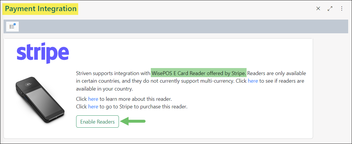Payment Integration options with information regarding the Stripe WisePOS E Card Reader and the option to enable readers with the integration