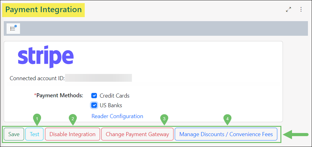 Payment Integration -other options for Test, Disable integration, Change Payment Gateway, and Manage discounts/convenience fees