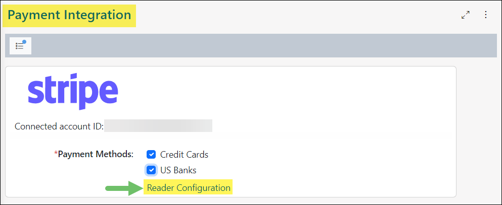 Payment Integration options showing the Reader Configuration settings option