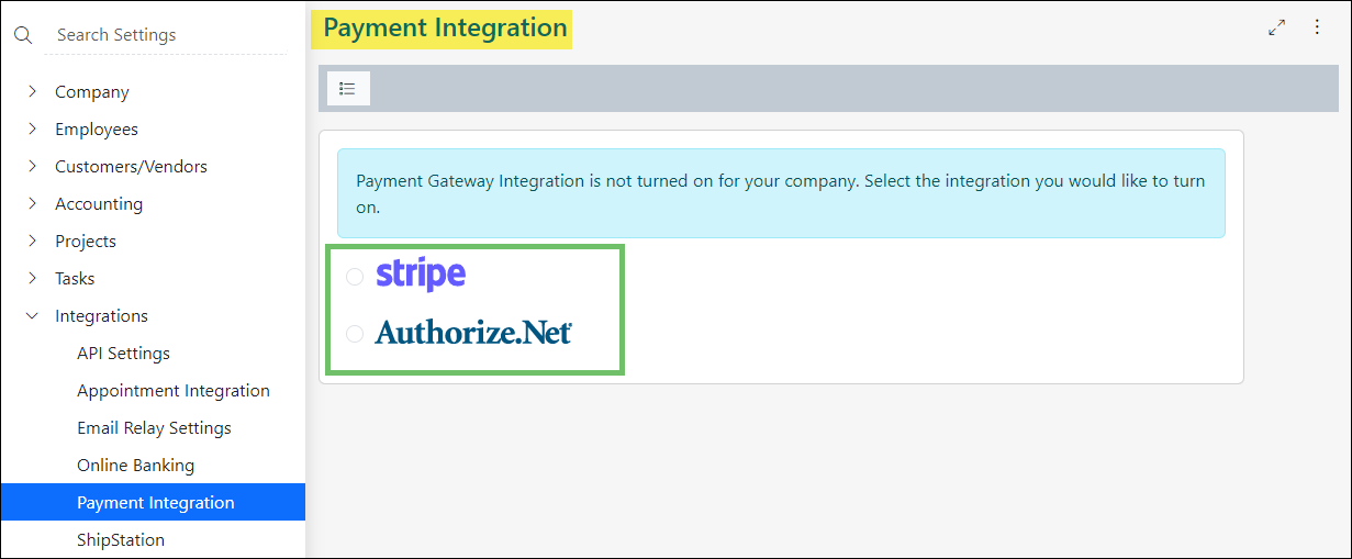 Payment Integration settings page in Striven with options for Authorize.net or Stripe