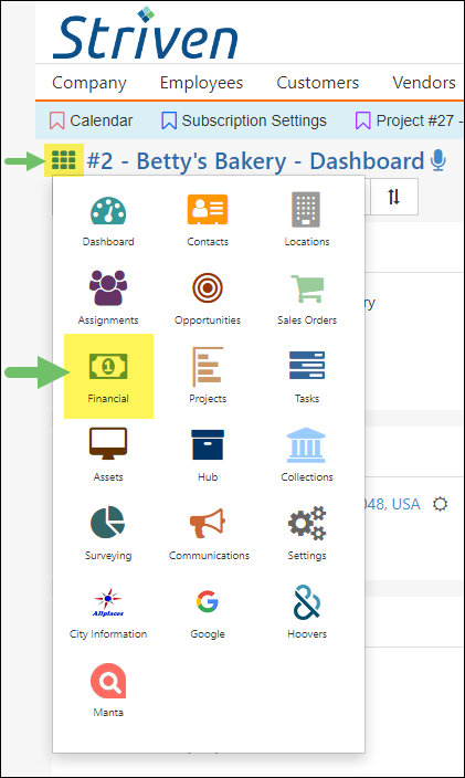 Example of the waffle menu on a Customer Dashboard in Striven highlighting the Financial menu