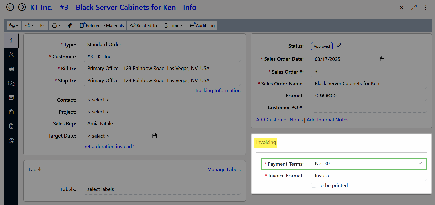 Example of Payment Terms on a Sales Order