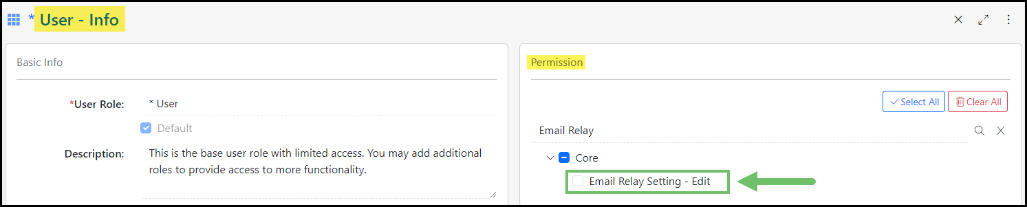 Image of the permission needed to configure an Email Relay