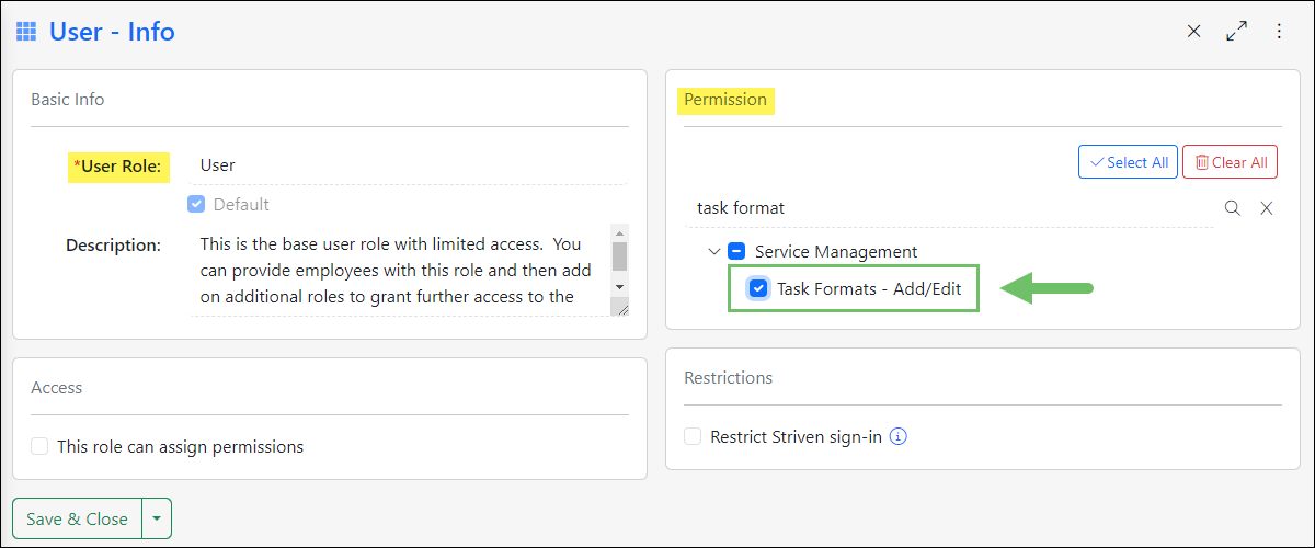 User Role permission required for access to Task Formats