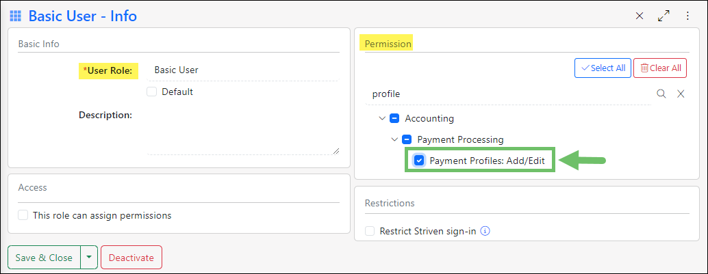 User Role permission needed to add or edit payment profiles in Striven