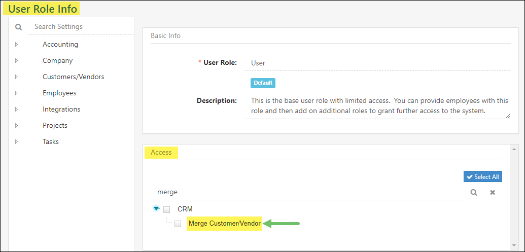 Permission needed in User Role to perform a Customer/Vendor Merge