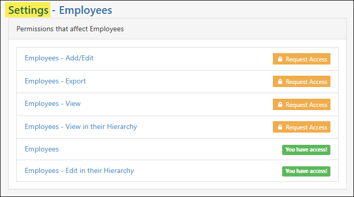 Sampling of the User Role permissions required for access to the Employees List page in Striven