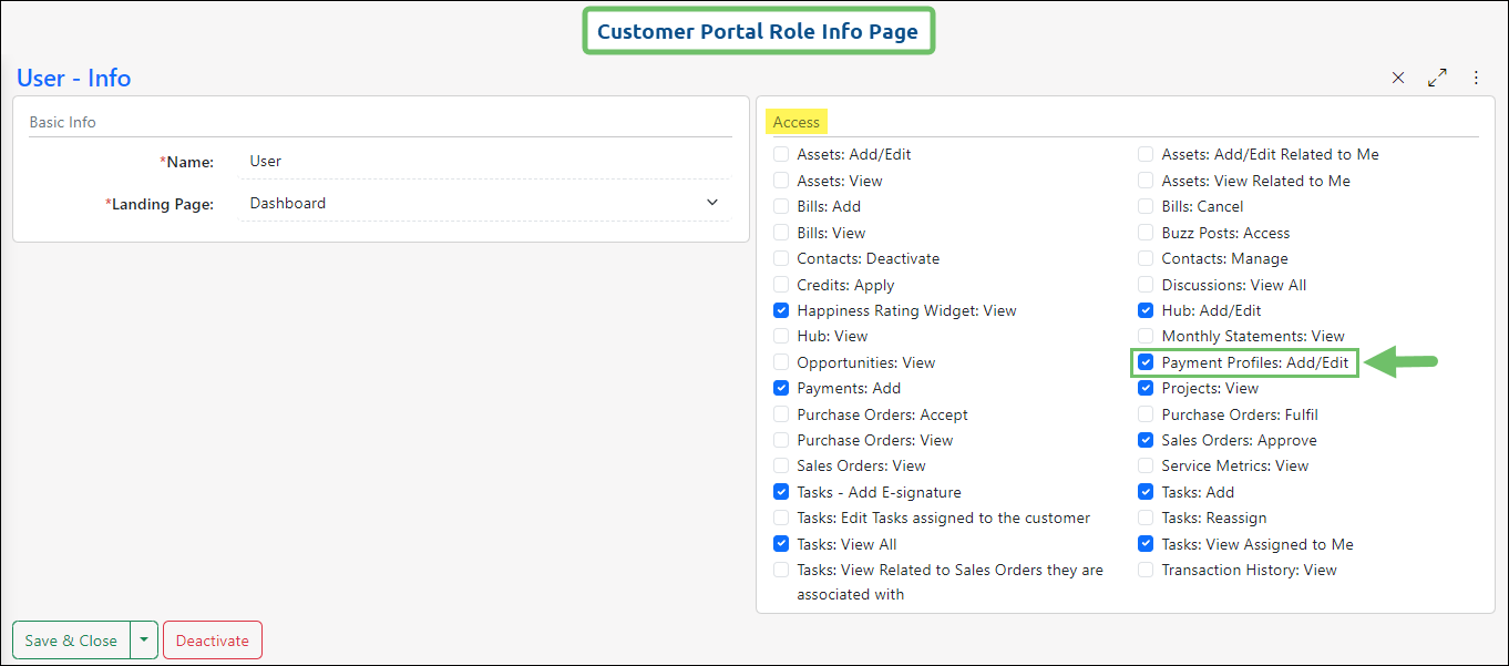 Portal role info page showing access options for selection