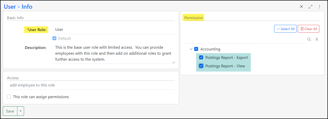 User Role Permissions required to View and Export the Postings Report