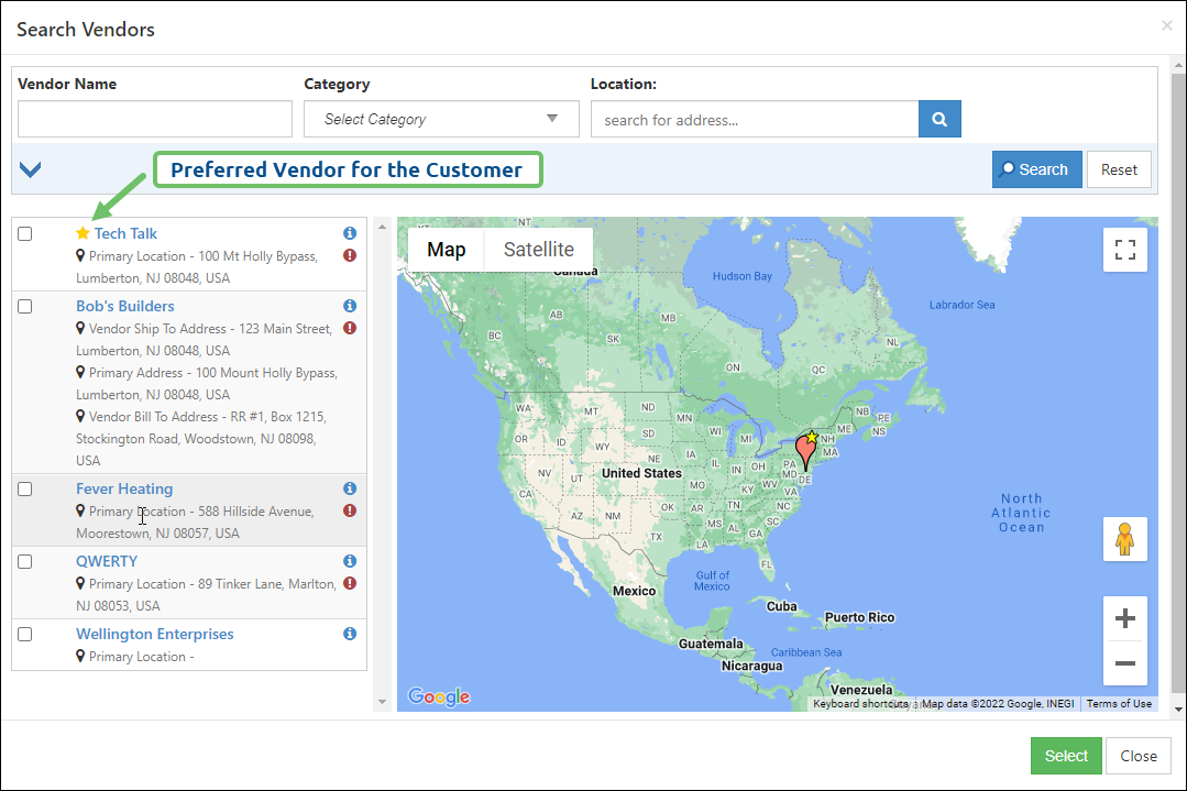 Preferred Vendor displayed at the top of the vendors list for a Purchase Order