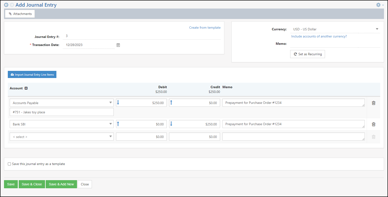 Image of a Journal Entry being created to record prepayment for inventory