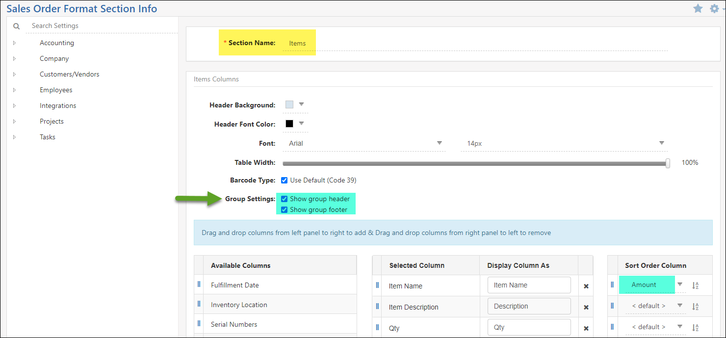 Printable Format settings for line item grouping