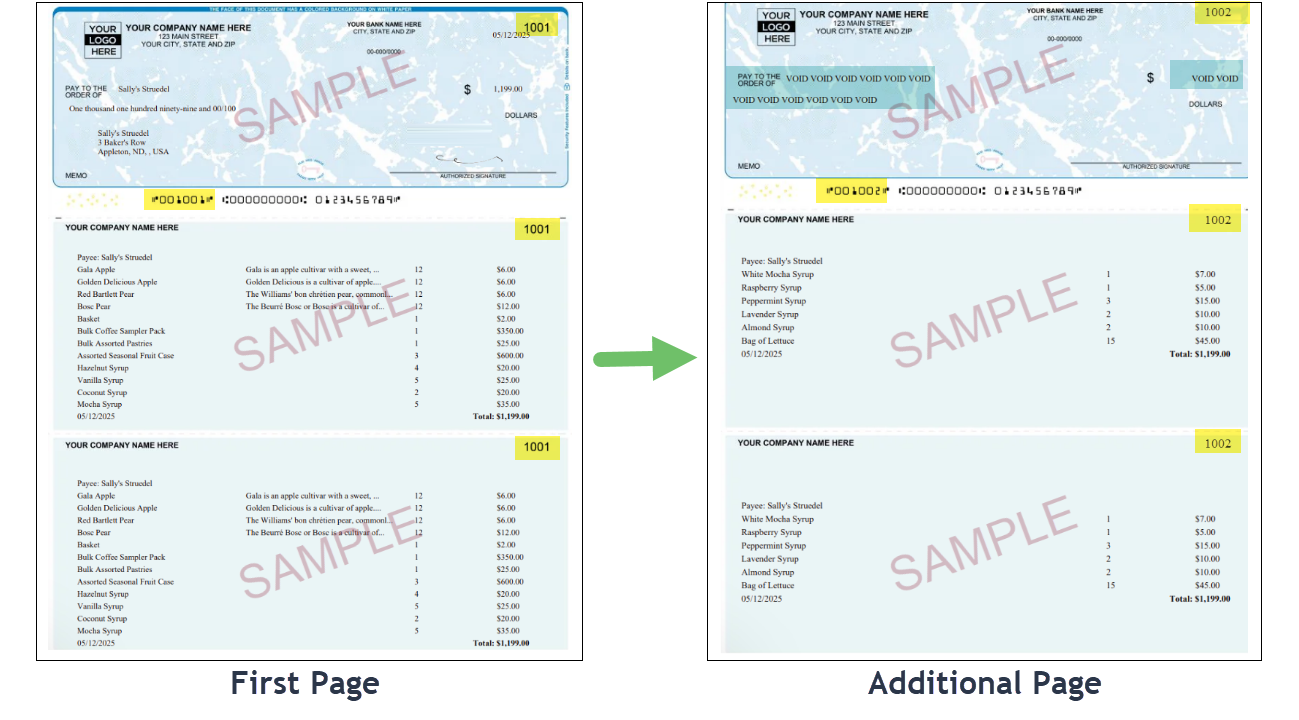 Example of a check/voucher page with an overflow of line items to the next check/voucher