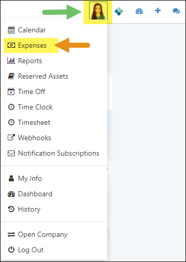Profile menu with option for expenses highlighted
