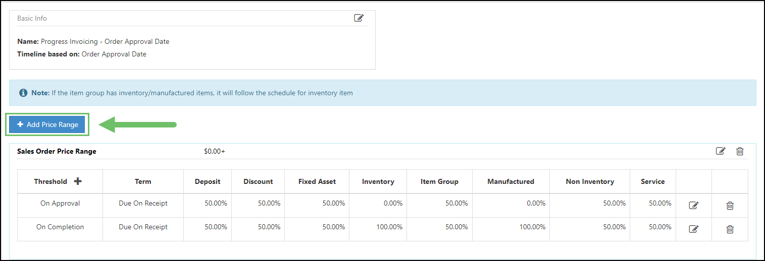 Image of adding a price range to a progress invoicing schedule within Striven