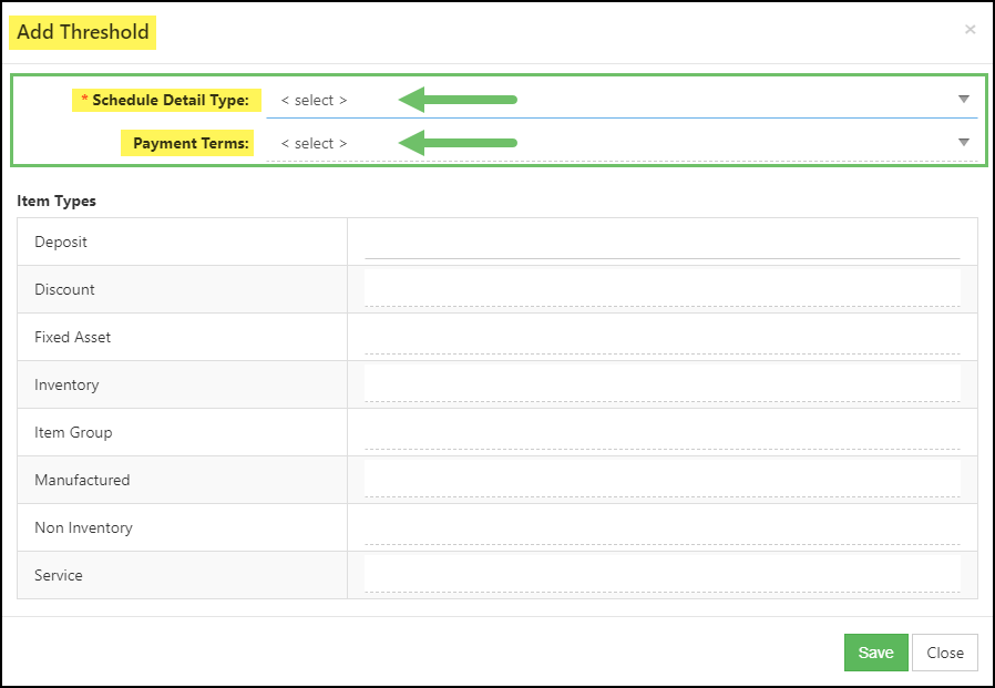 Example of the Add Threshold window, when creating an Invoicing Schedule in Striven