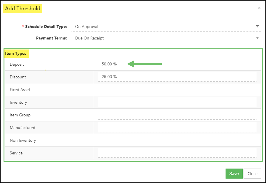 Example of the Add Threshold window highlighting the Item Type Configurations