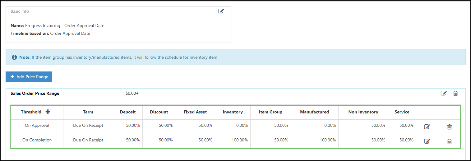 Image of a Progress Invoicing Schedule with configured Thresholds
