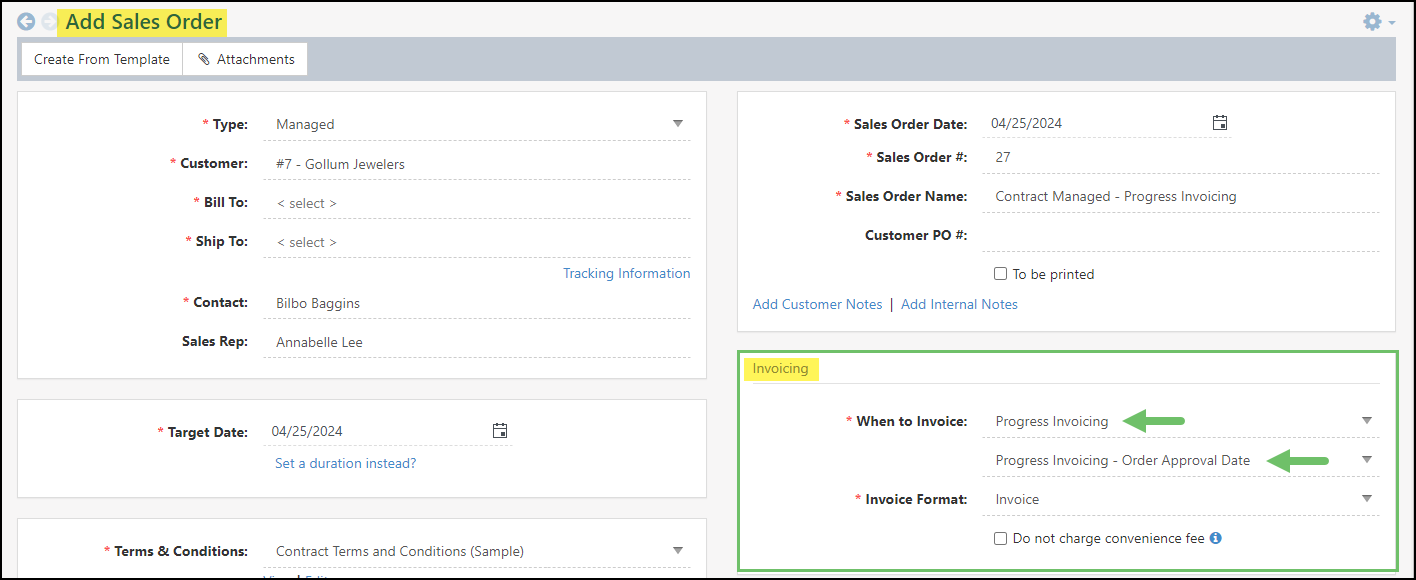 Image of the Invoicing Window on a Sales Order displaying Progress Invoicing Info