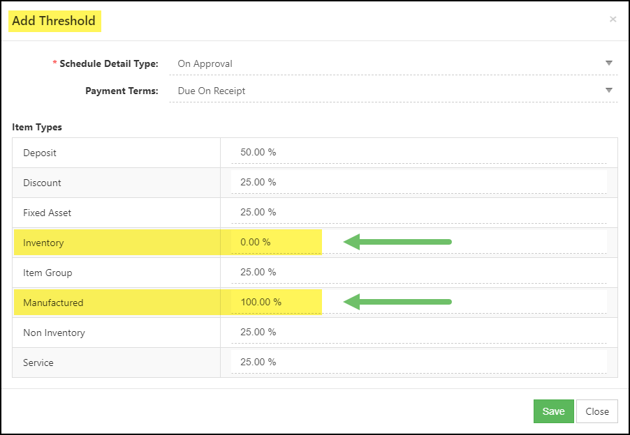 Example of how the Inventory and Manufactured items types must be configured for invoicing.