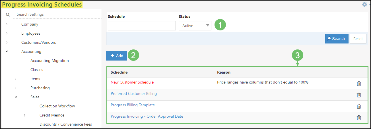 Image of the Progress Invoicing Schedules List, numbered for clarity.