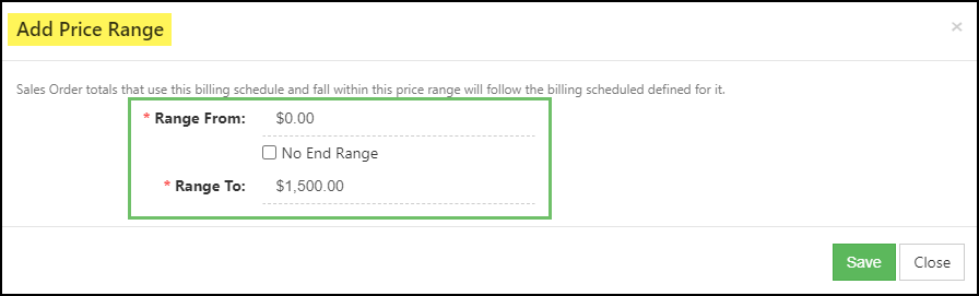Image of configuring a price range for a progress invoicing schedule